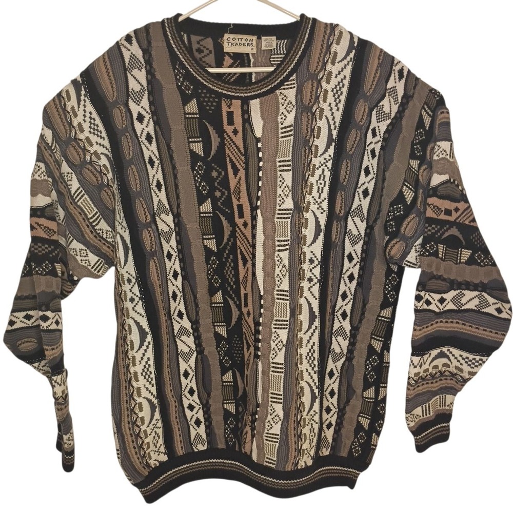 Cotton Traders Sweater Mens 1X Brown Black Cosby Biggie Hip‎ Hop Coogi Style